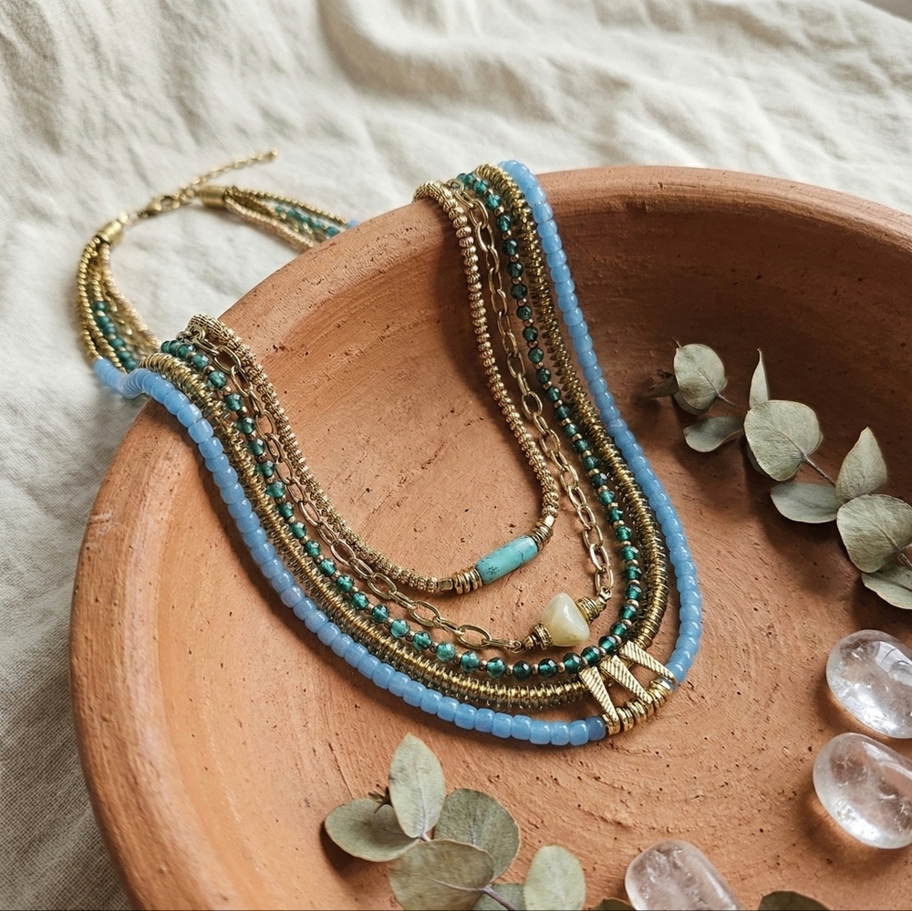 Antique Gold Finish Layered Necklace Blue Beaded Multi Strand Boho Statement 17